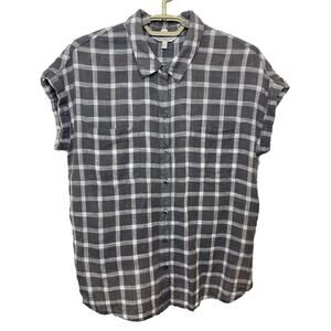 Lucky Brand Gray & White Plaid Button Down Top Tie Back Lightweight Size Small
